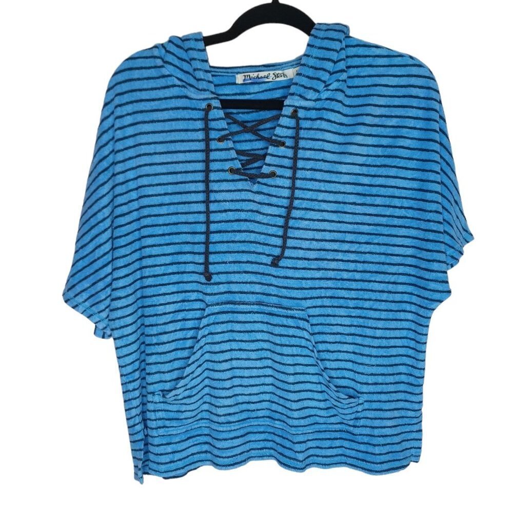 Michael stars womens medium terry cloth blue stripe short sleeve hooded pullover